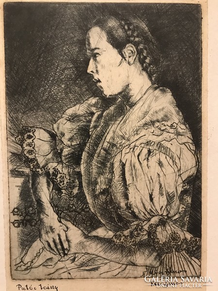 János Kiss (1905-84): girl from Palóc, etching