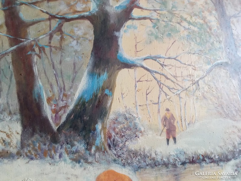 Festmény: téli kép: őz és vadász 80*65 cm