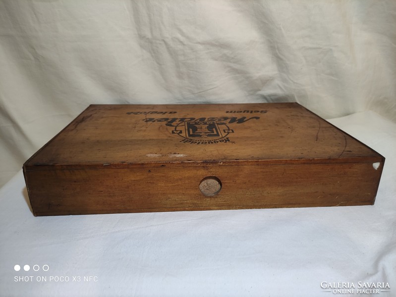 Antik MEZVATER TORPEDO  szatócsbolti  fiók fa doboz szekrény varródoboz cérnatartó