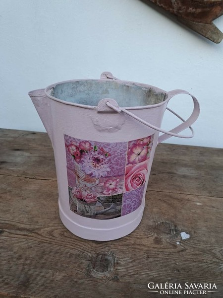 Tin can for decoupaged flowers, pot for planting, village peasant decoration