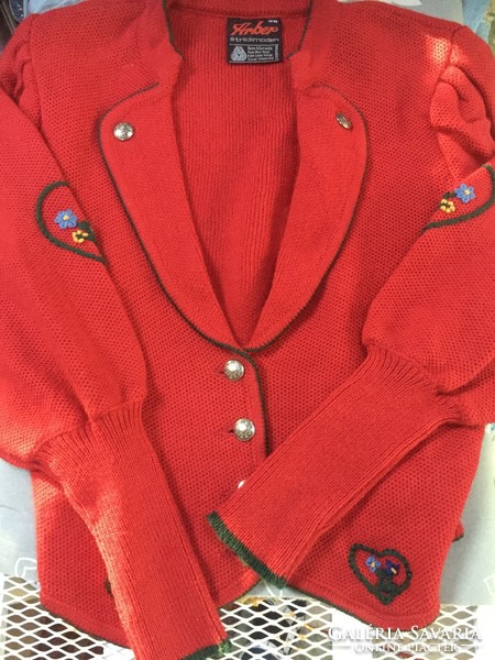 German wool red knitted women's cardigan, size 38