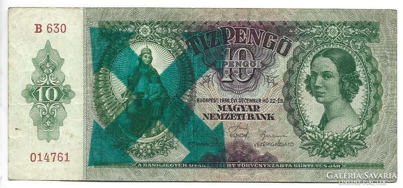 10 pengő 1936 "nyilaskeresztes" zöld felülbélyegzés