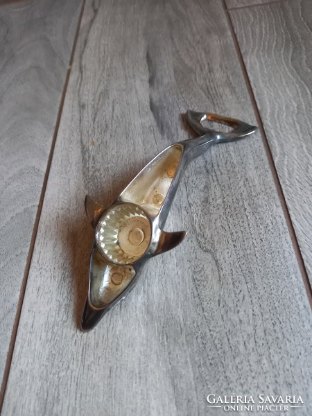 Nice old silver-plated dolphin bottle opener and drink cap (16.8x6 cm)