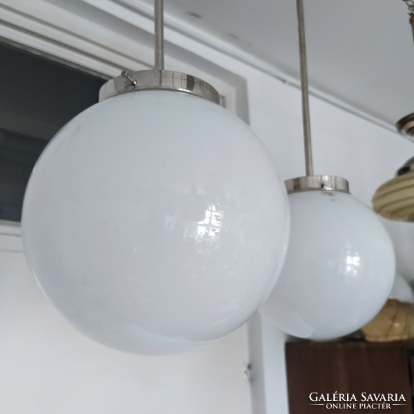 Bauhaus - pair of art deco nickel-plated ceiling lamps renovated - milk glass spherical shade - eka