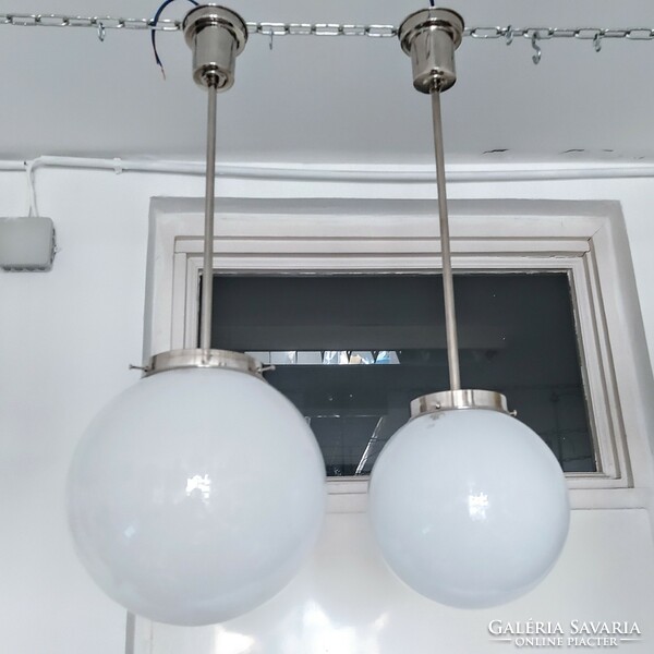 Bauhaus - pair of art deco nickel-plated ceiling lamps renovated - milk glass spherical shade - eka