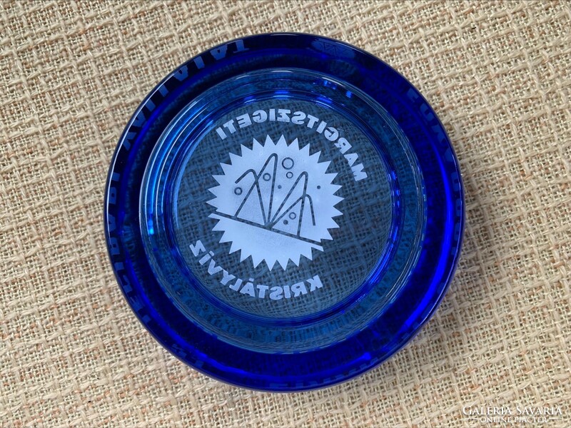 Capital mineral water and ice industry company Margitsziget crystal water blue glass ashtray, ashtray