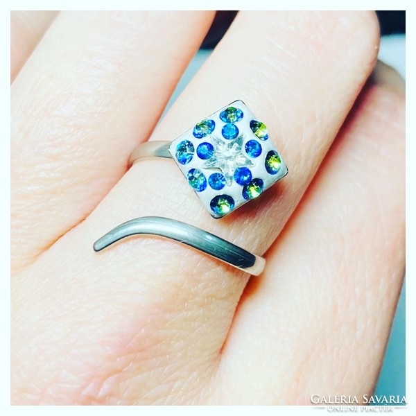 Bermuda blue swarovski crystal adjustable stainless steel ring!