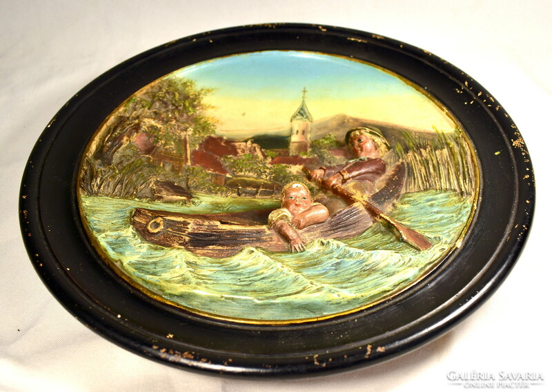 Around 1880 Antique Austrian hand-painted terracotta wall decorative bowl: children in a boat