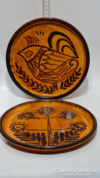 Folk, dark brown bird and flower pattern, light brown glazed ceramic plate 2 pcs (2623)