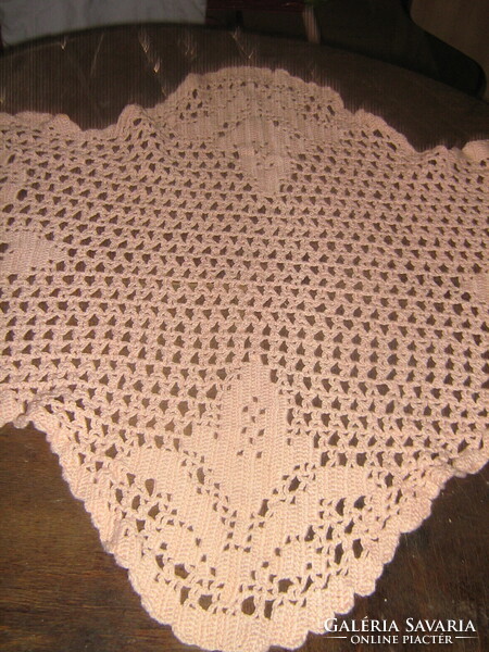 Beautiful vintage floral hand-crocheted special shaped salmon pink tablecloth