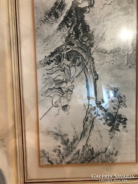 XIX. század végi koreai fametszet, 45 x 25 cm-es nagyságú,Sárkányvadászat