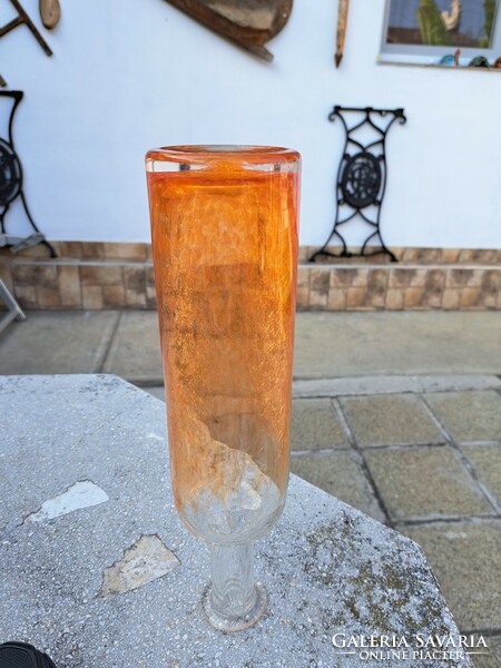 Sárga 31 cm magas repesztett Fátyolüveg fátyol karcagi berekfürdői üveg  váza Gyűjtői