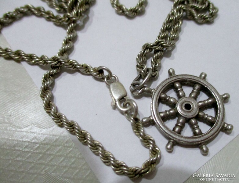 Beautiful old handcrafted silver boat pendant on a thick silver chain