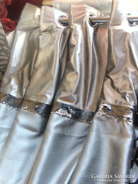 Gray velvet and polyester silk curtains with sequin trim