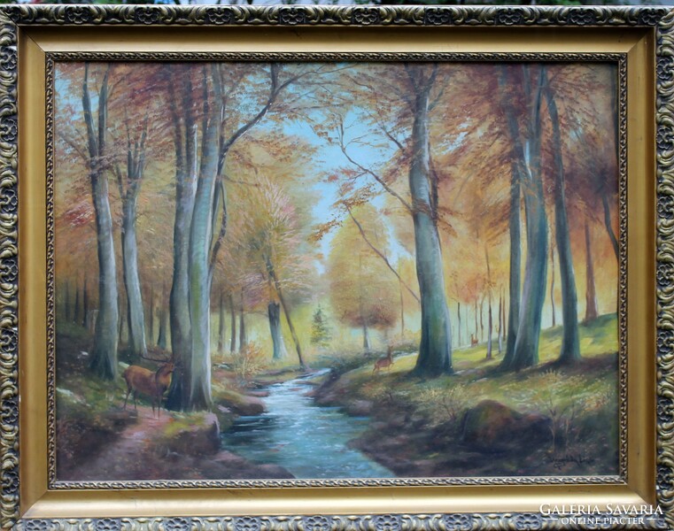 Antique painting: autumn forest with deer. Oil on canvas.