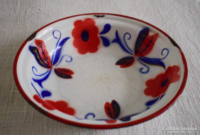 Old enameled plate bowl flower pattern Budafok Hungarian enamel 22.5 x 4.5 cm