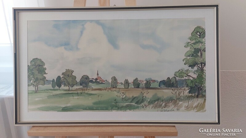 (K) signed watercolor landscape painting with small village 72x42 cm frame
