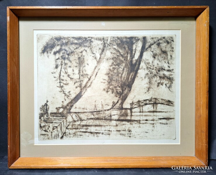 Lakeside landscape with a bridge - etching