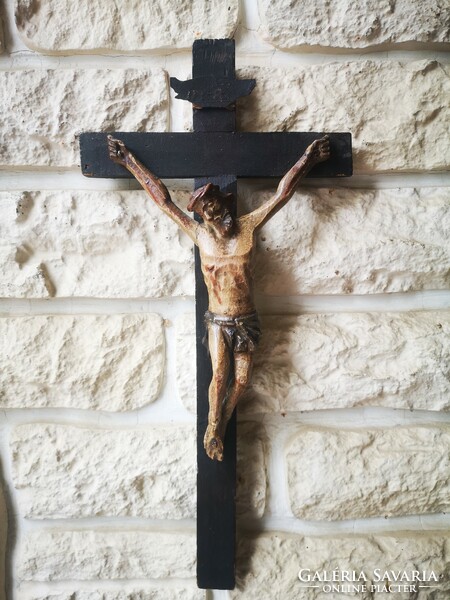 Antik gyönyörű kézi festett Korpusz, Kereszt Jézus Krisztus feszület kézzel faragott vallási műtárgy