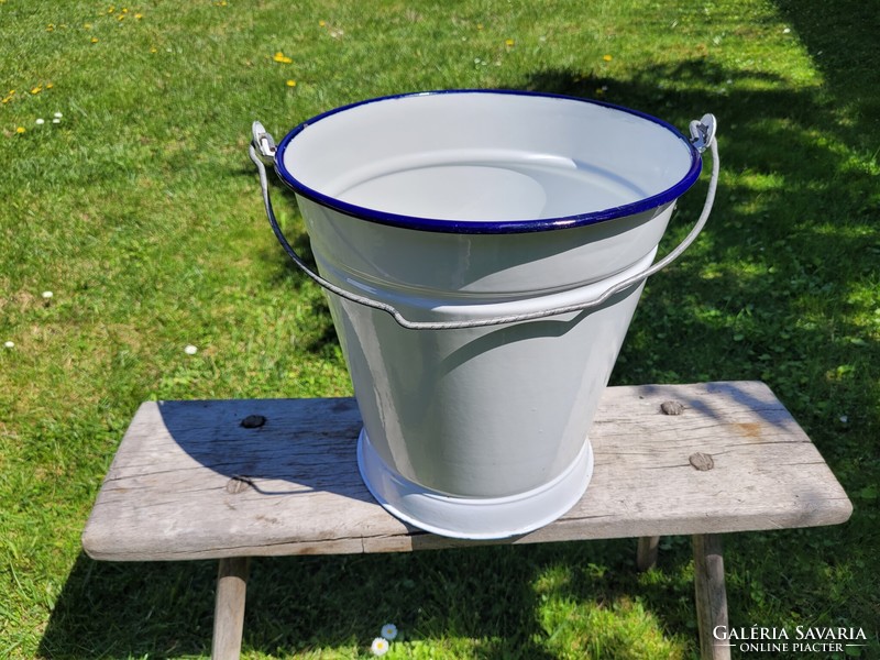 Old blue and white enameled Budafok bucket jug