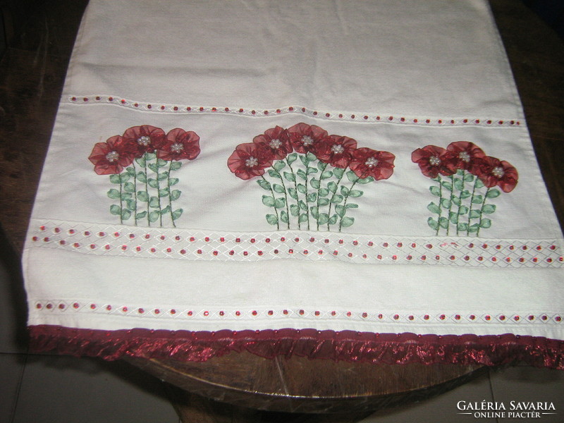 Beautiful vintage ribbon-embroidered beaded towel