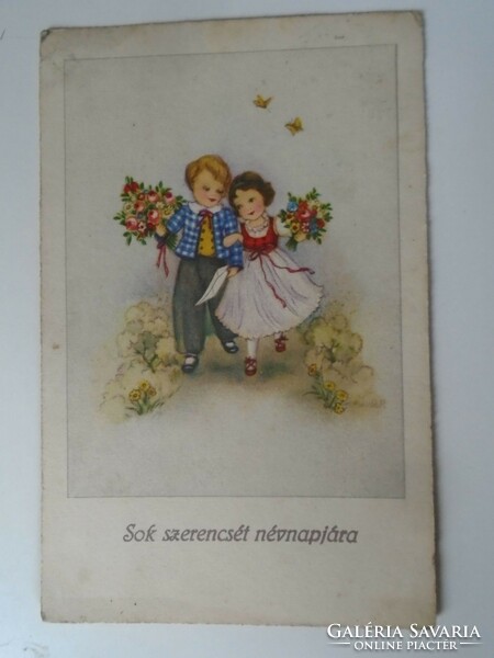 D195350 old postcard - 1940s name day - children with a bouquet of flowers