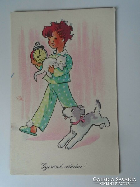 D195358    Régi képeslap - 1957 Gyerünk aludni - kislány, kutya, macska  -Macskássy