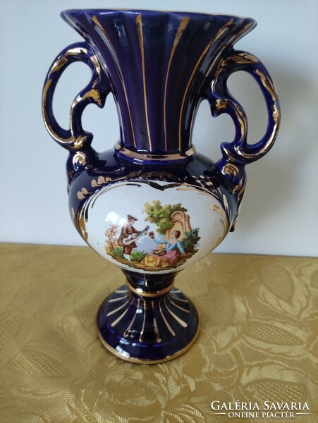 Cobalt blue porcelain vase with sticker scene decoration, gilded decor