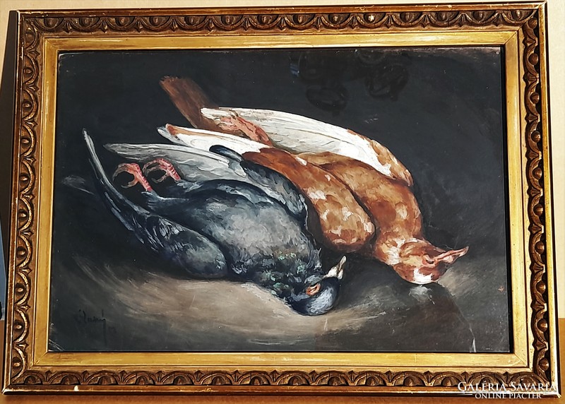 Signed antique painting with pigeons