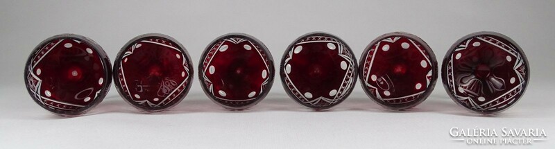 1N464 old polished burgundy-colored glass stamped glass with a base, 6 pieces