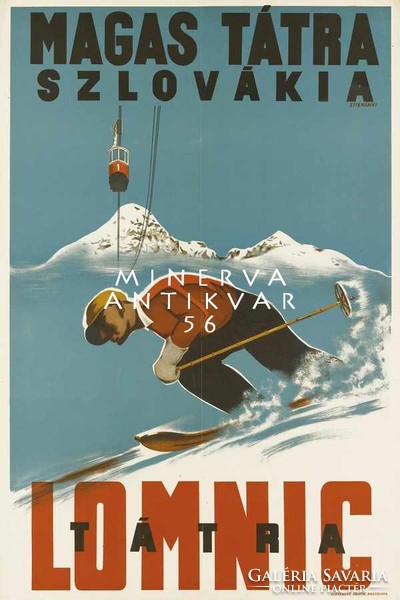 Retro síelés Tátra Lomnic Szlovákia téli sport havas hegyek sífelvonó Vintage/antik plakát reprint