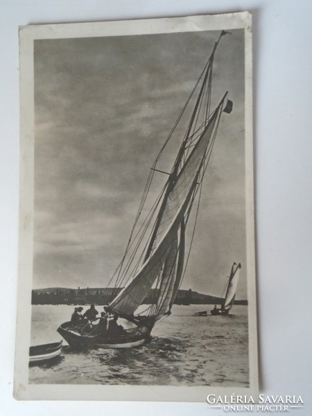 D195378 old postcard Balaton - sailing boats - 1950k Anna Farkasvölgyi small barn Pestújhely