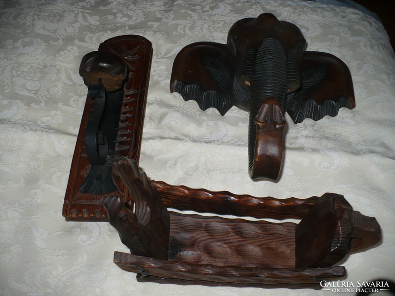 Carved wooden wall decoration, candle holder and wine holder together