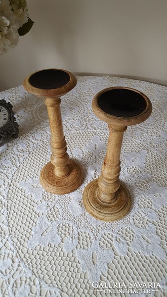 Pair of rustic wooden candle holders 30.5cm.