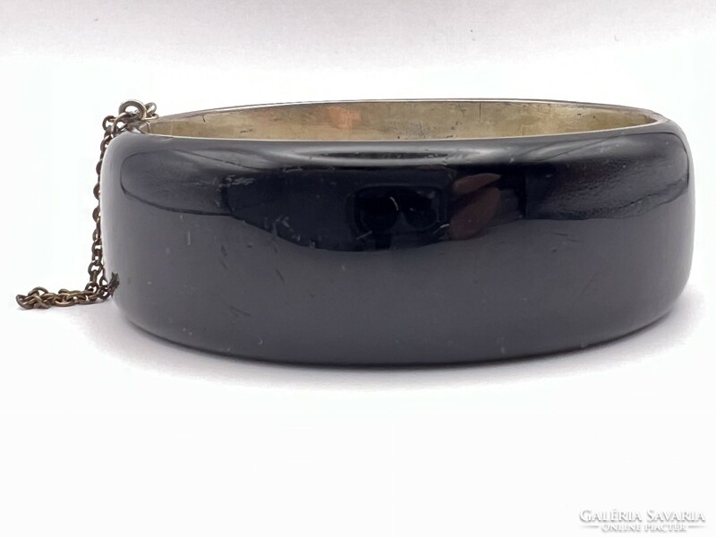 Beautiful condition antique silver high-gloss enamel bracelet with real pearl sockets, bird motif