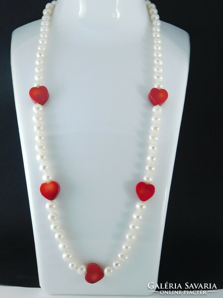 Pearl necklace with coral hearts 14k gold