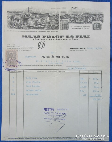 Old letterhead invoice 1941 Szombathely haas fülöp and son, on watermarked paper.