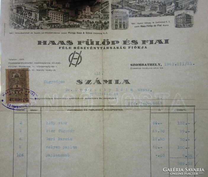 Régi fejléces számla 1941 Szombathely Haas  Fülöp  és fia ,vízjeles papíron.