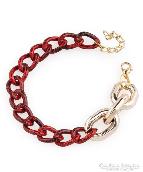 ÉKSZER SZETT-NYAKLÁNC & KARKÖTŐ piros-fekete fém láncszemek és  aranyszínű akril láncszemek.