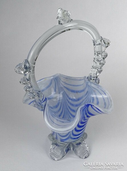 1N470 Régi kék-fehér fújt muránói üveg művészi kosár 21 cm