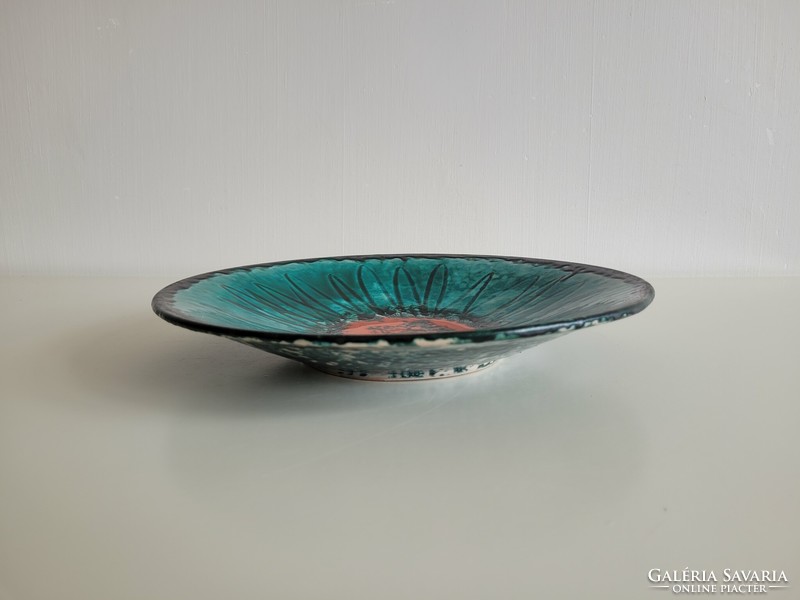 Old retro 29.5 cm large size glazed ceramic wall bowl mid century marked wall decoration green wall bowl