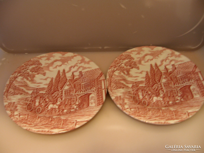 Angol rózsaszín postakocsis csavart bordás süteményes tányér pár, Royal Wessex