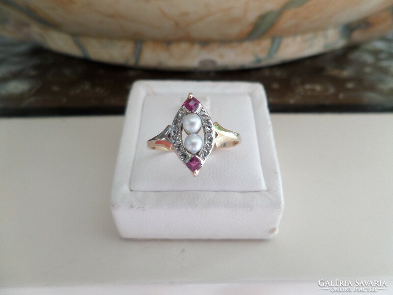 Art deco gold ring with pearls, diamonds and synthetic ruby