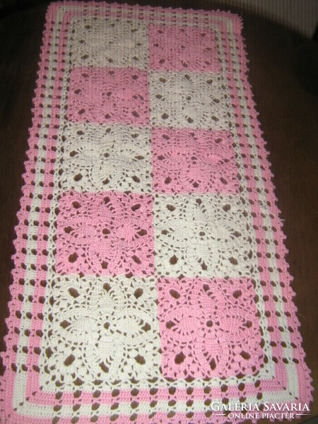Beautiful antique hand-crocheted floral white-pink-orange tablecloth