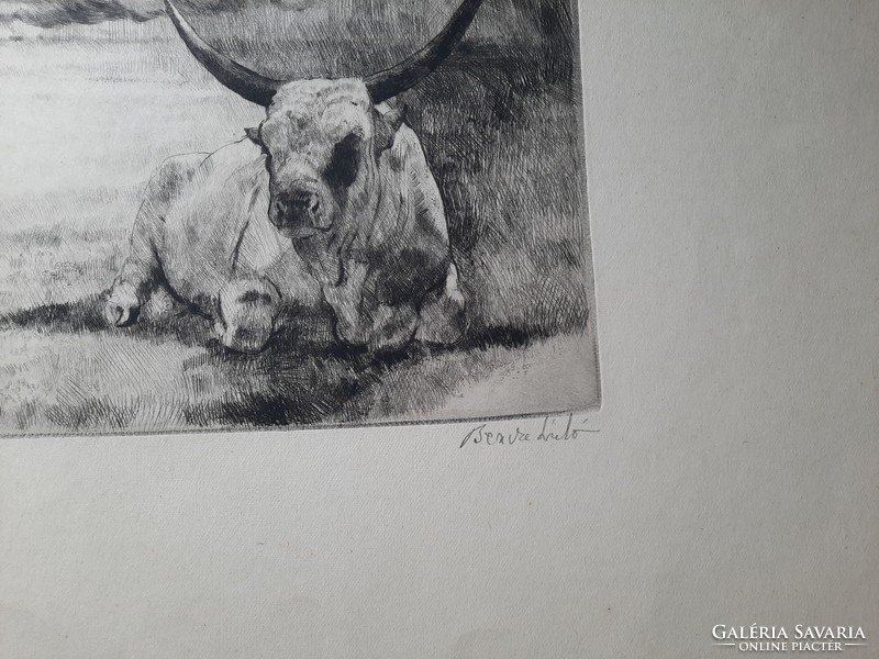 László Bencze: Hungarian bull - original marked etching