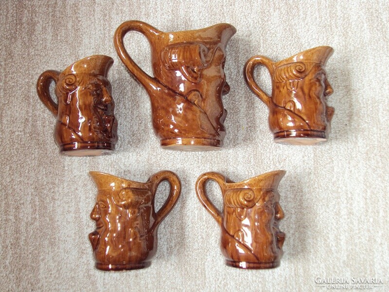 Retro painted ceramic glass pitcher set with face pattern - spout, 4 glasses
