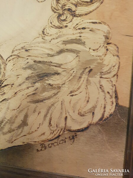 Pyrograph female portrait. With Bodony sign