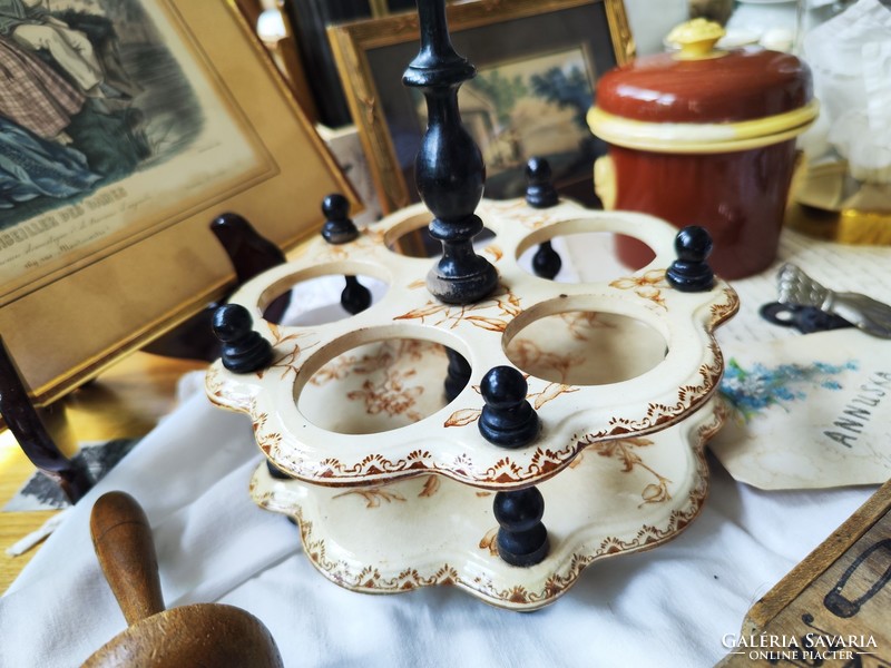 Antik francia fajansz és fa asztali fűszertartó, üvegekkel