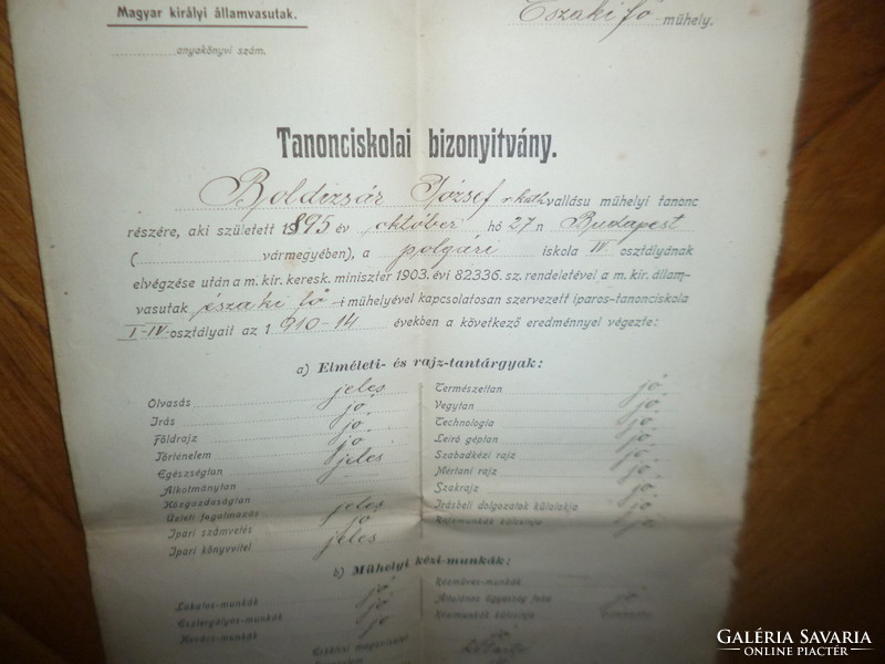 Régi m kir államvasutak tanonciskolai bizonyítvány papír 1914