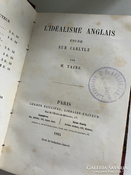 Taine: L’Idealisme Anglais francia nyelvű antik könyv, 1864, Dr Berger Samu könyvtárából